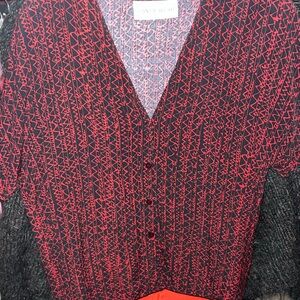 Jones Wear Black V-Neck Sweater with Red Geometric Stitching